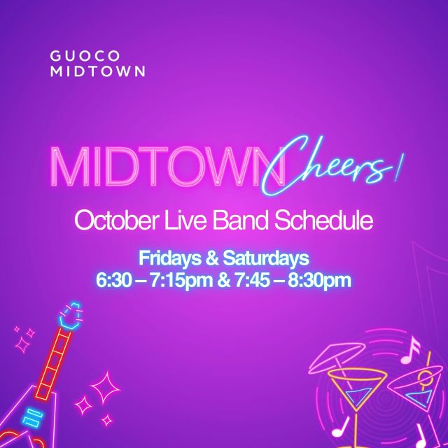 🎶🍻 This October, gather your people, sip on your favorite drinks, and let the music fill your night as you create everlasting memories at Midtown Cheers! 

🎵 Fridays & Saturdays
⏰ 6:30 – 7:15pm & 7:45 – 8:30pm

#guocomidtown #exploresingapore #hellomidtown #midtowncheers #midtownvibes